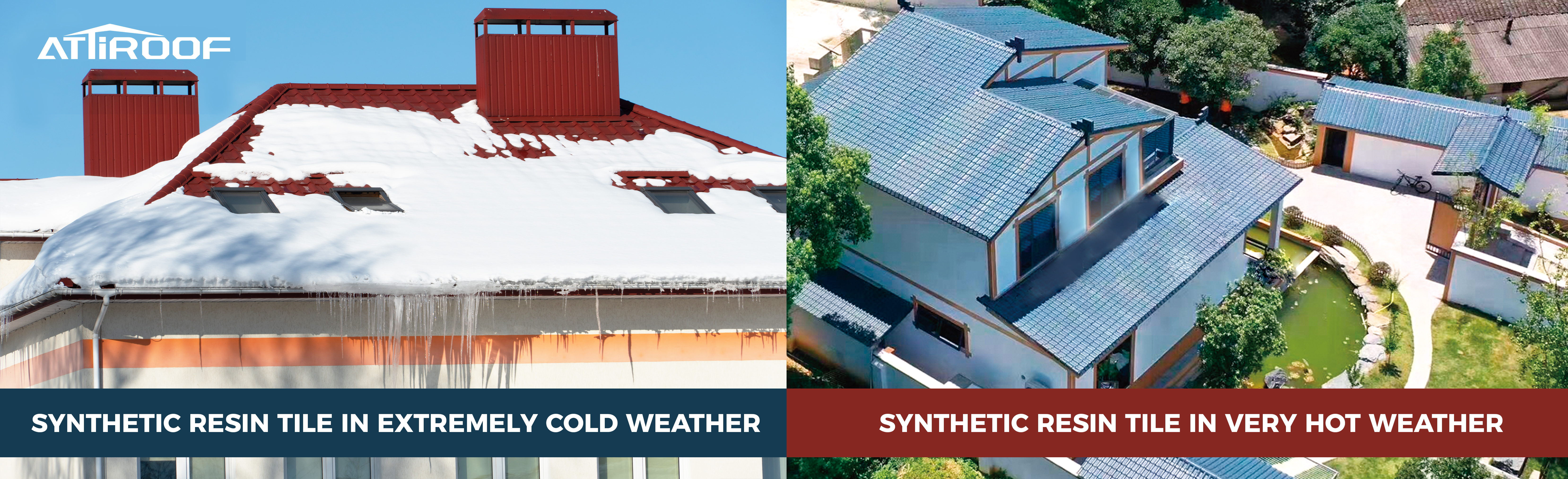 Tejas de resina sintética para techos de casas, que muestran durabilidad en climas extremadamente fríos con nieve y en climas muy cálidos con cielos despejados.