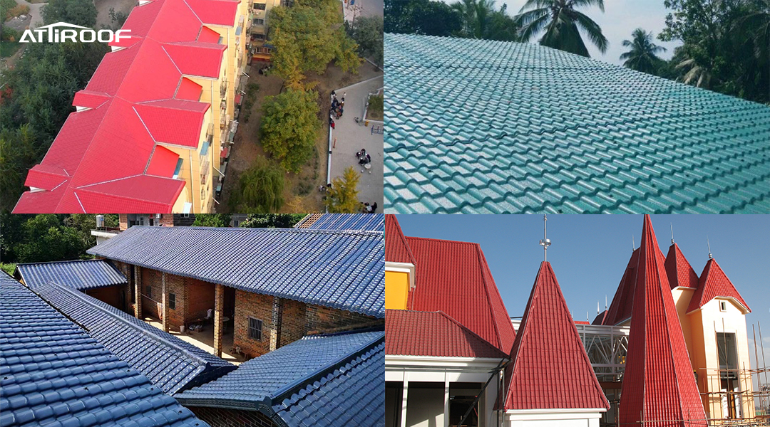 Variedad de edificios que muestran diferentes estilos arquitectónicos de tejados, incluidos el tradicional, el moderno, el rural y el mediterráneo, todos ellos con tejas de resina sintética.