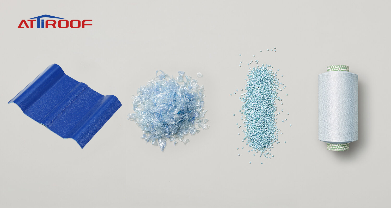 Ciclo de vida de las tejas de resina sintética que demuestra el reciclaje y la reutilización, desde tejas azules hasta plástico transparente triturado y pequeños gránulos azules, terminando con un carrete de fibra de plástico reciclado.