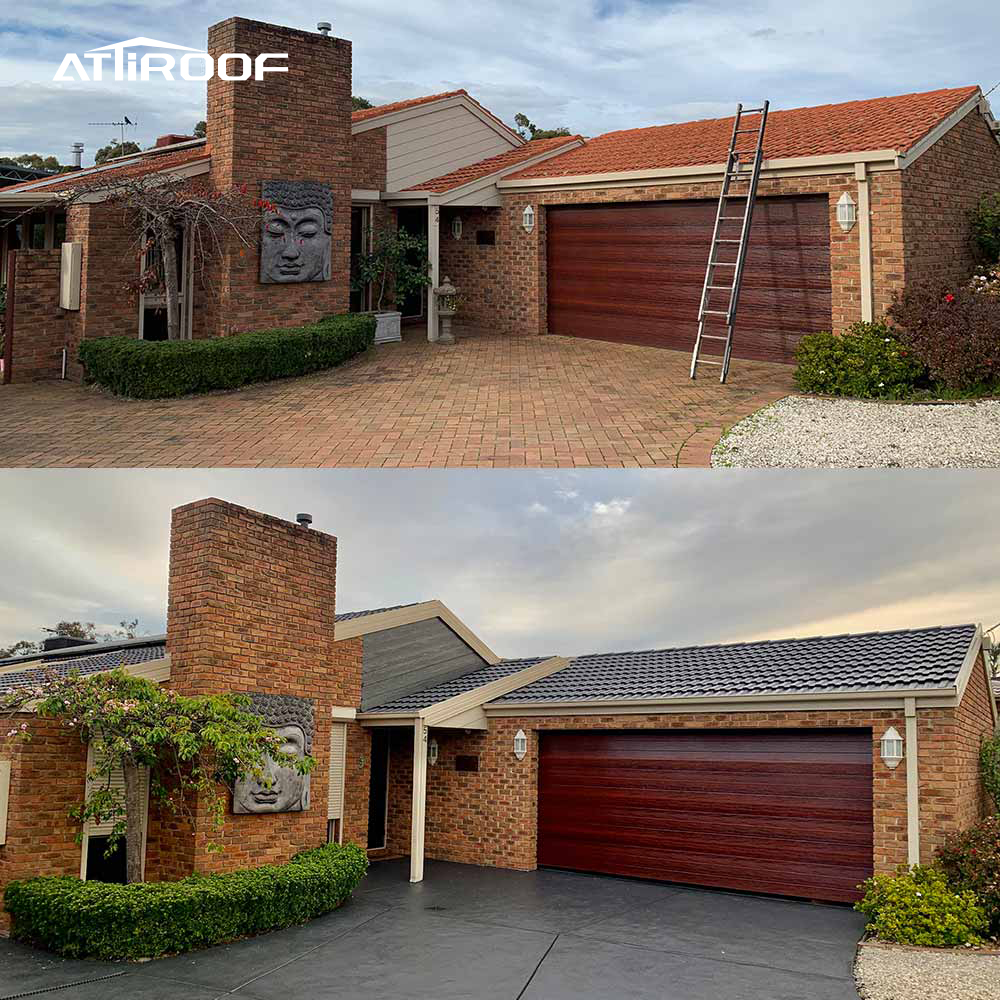 Comparación del antes y después de la renovación de un edificio histórico con cambios de un techo y un camino de entrada antiguos a un techo nuevo de tejas de resina sintética y un diseño de camino de entrada moderno.
