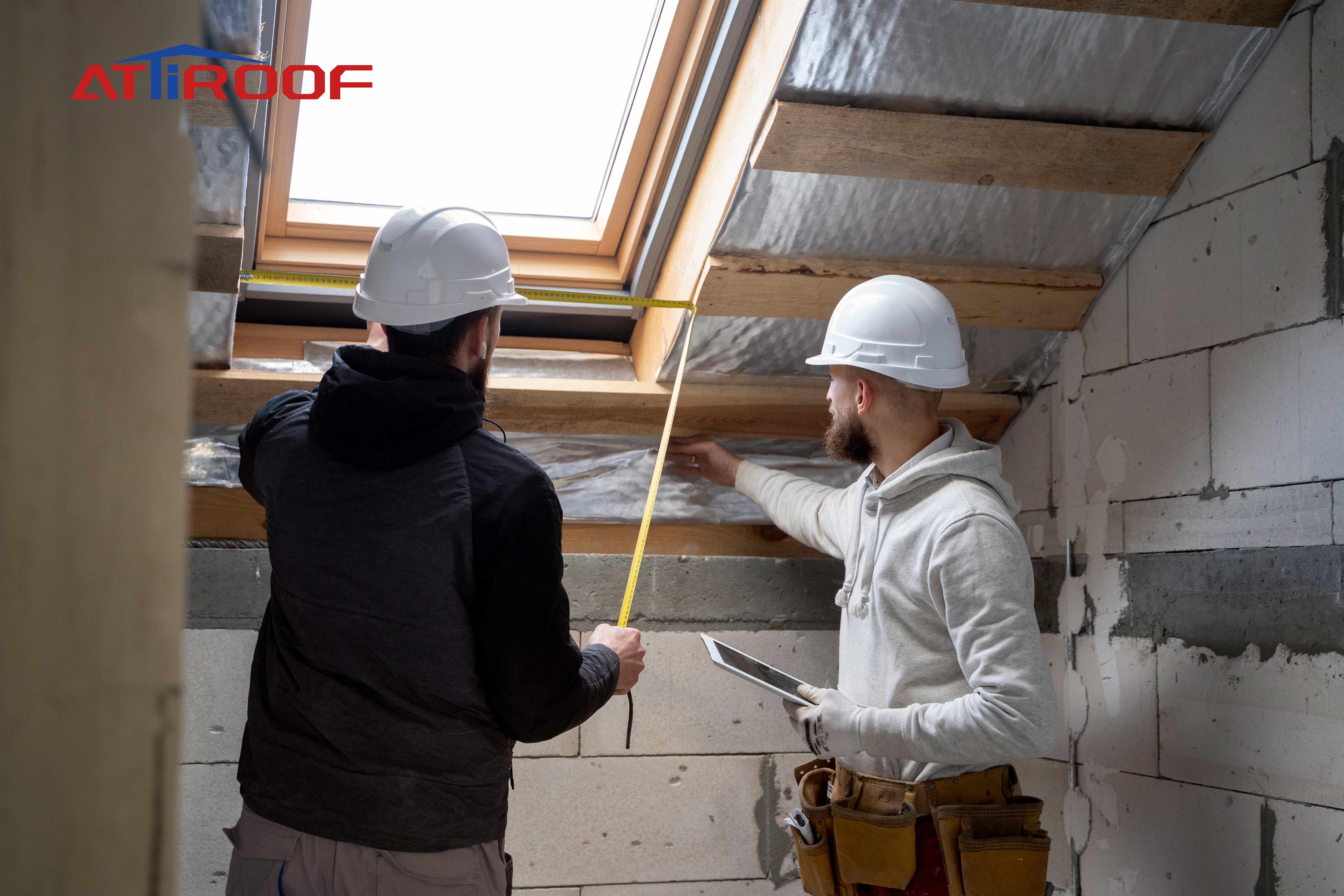 Inspectores de techos profesionales que evalúan la integridad estructural y la pendiente de un techo en un entorno de construcción.