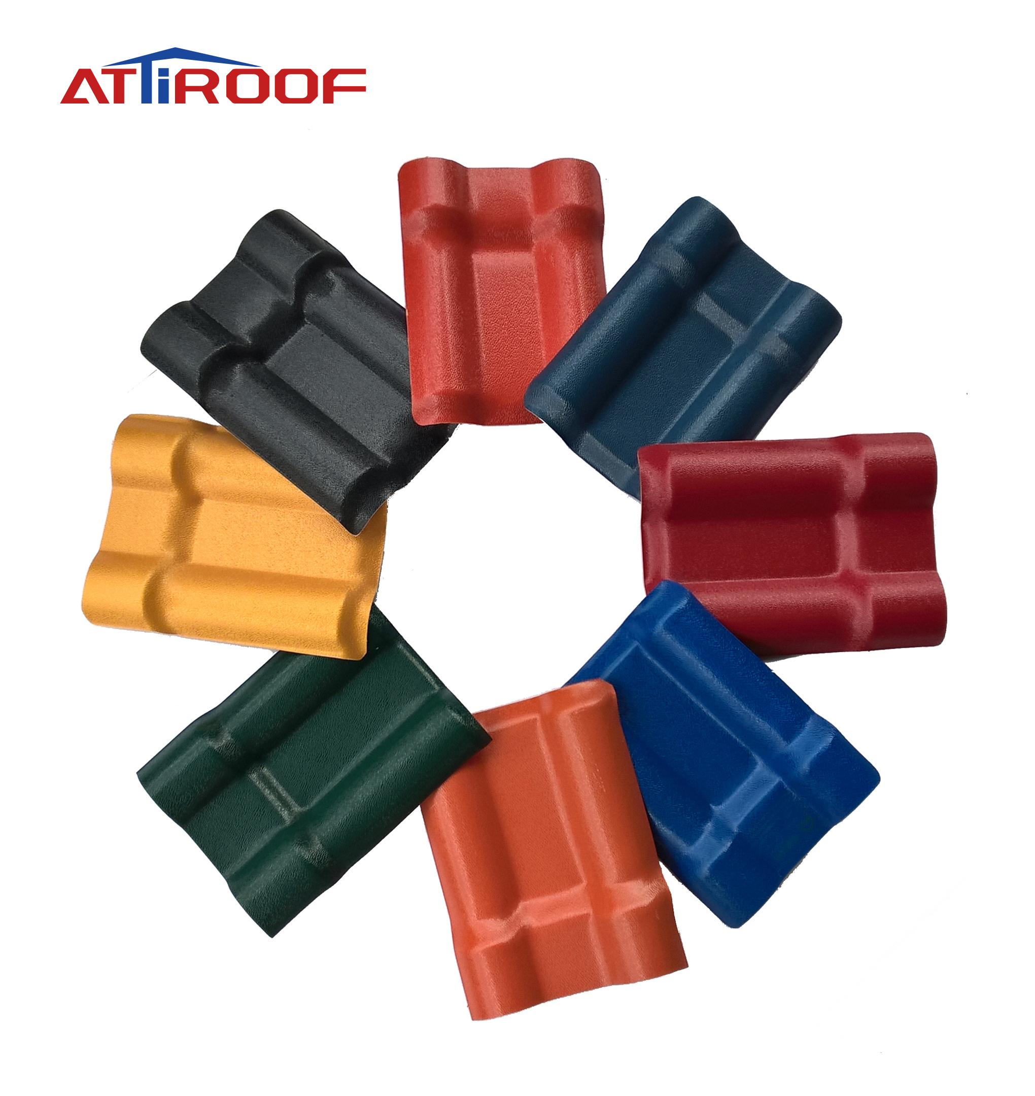 ATTIROOF ofrece una variedad de losetas de resina en varios colores, incluidos rojo, amarillo, azul, verde, negro y más.