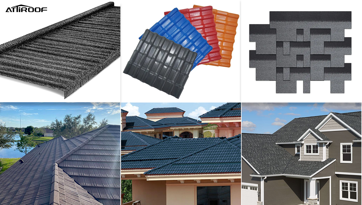 Comparación de materiales para techos de Atiroof, que incluyen tejas de metal, plástico y asfalto, junto con varios diseños de techos en entornos residenciales.