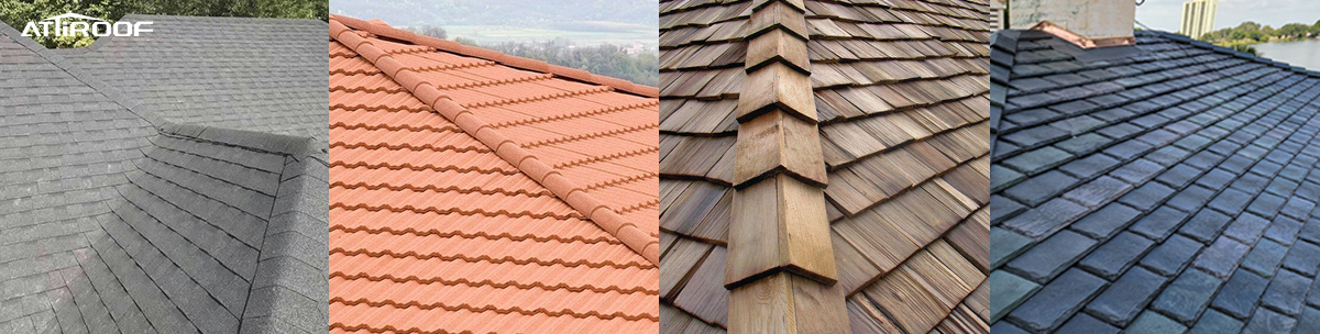 Primer plano de varios diseños de tejas: tejas de asfalto, tejas de barro, tejas de madera y tejas de pizarra. Palabras clave: Diseño de Tejas.